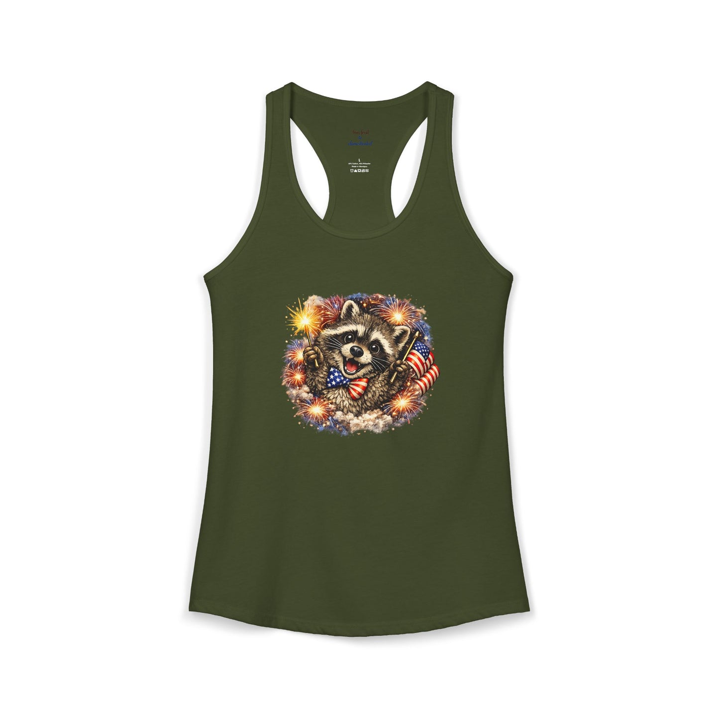 Patriotic Raccoon 4th of July Tank — Raccoon on 250 with Flag & Fireworks Racerback Tank