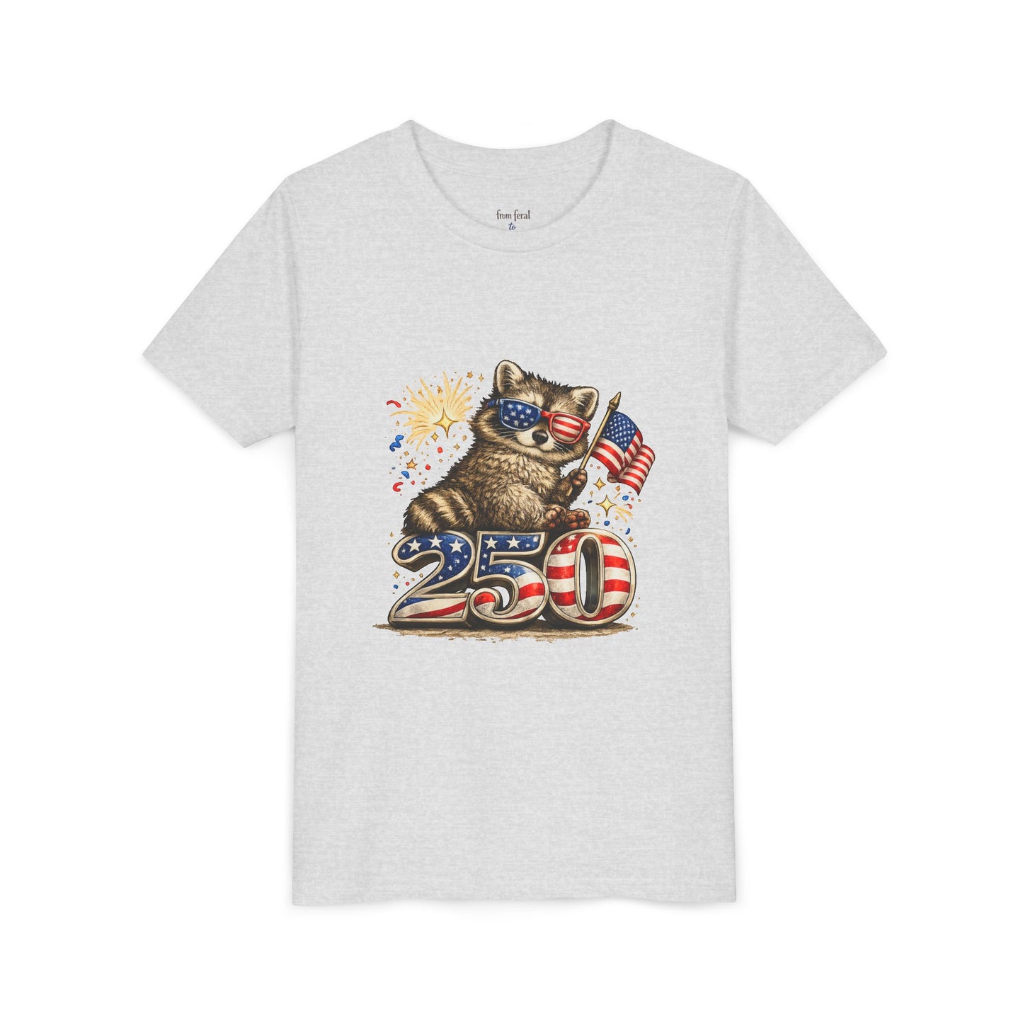 Patriotic Raccoon Youth Tee — Raccoon with American Flag & Fireworks