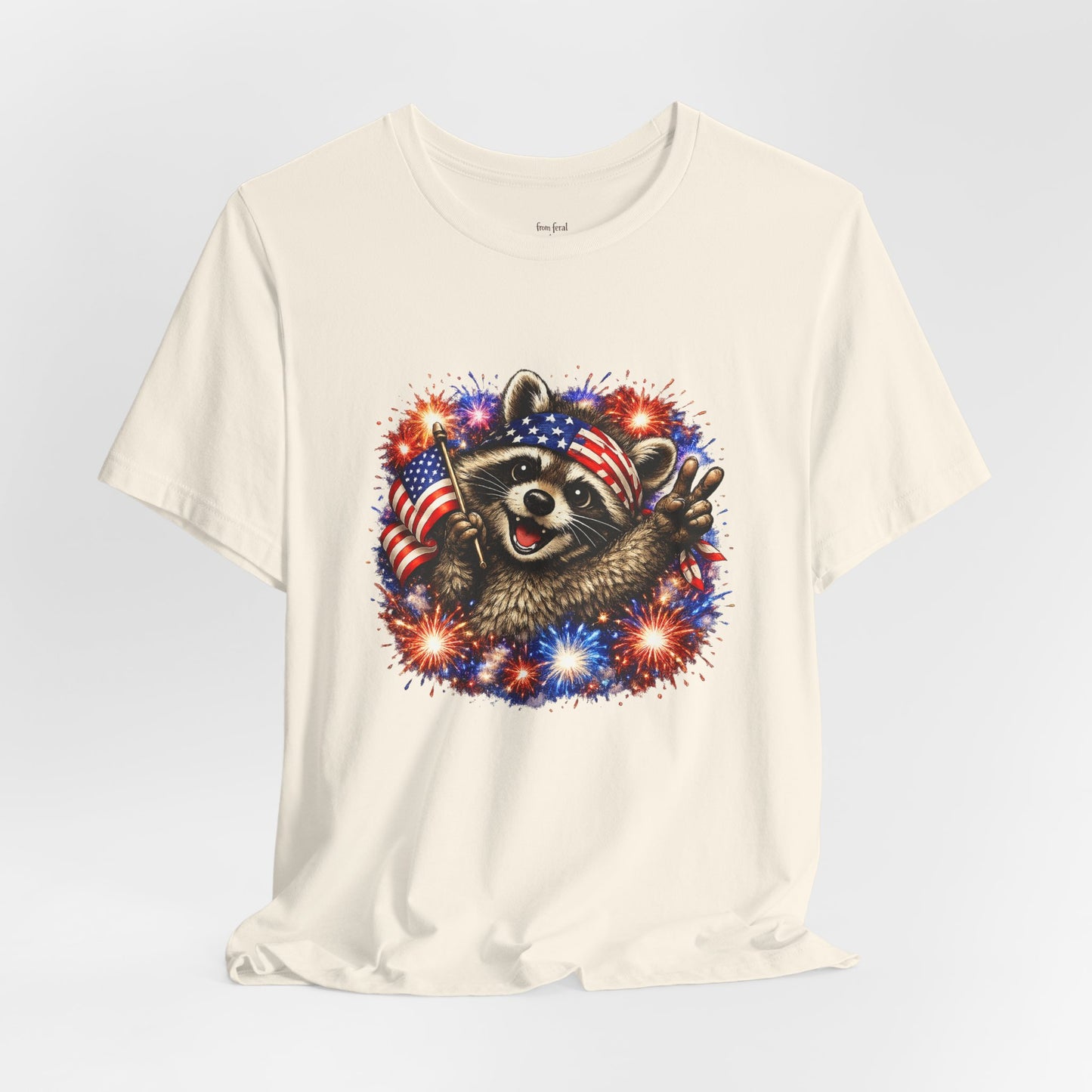Patriot Raccoon 250th Anniversary T-Shirt — 4th of July Fireworks Flag Tee