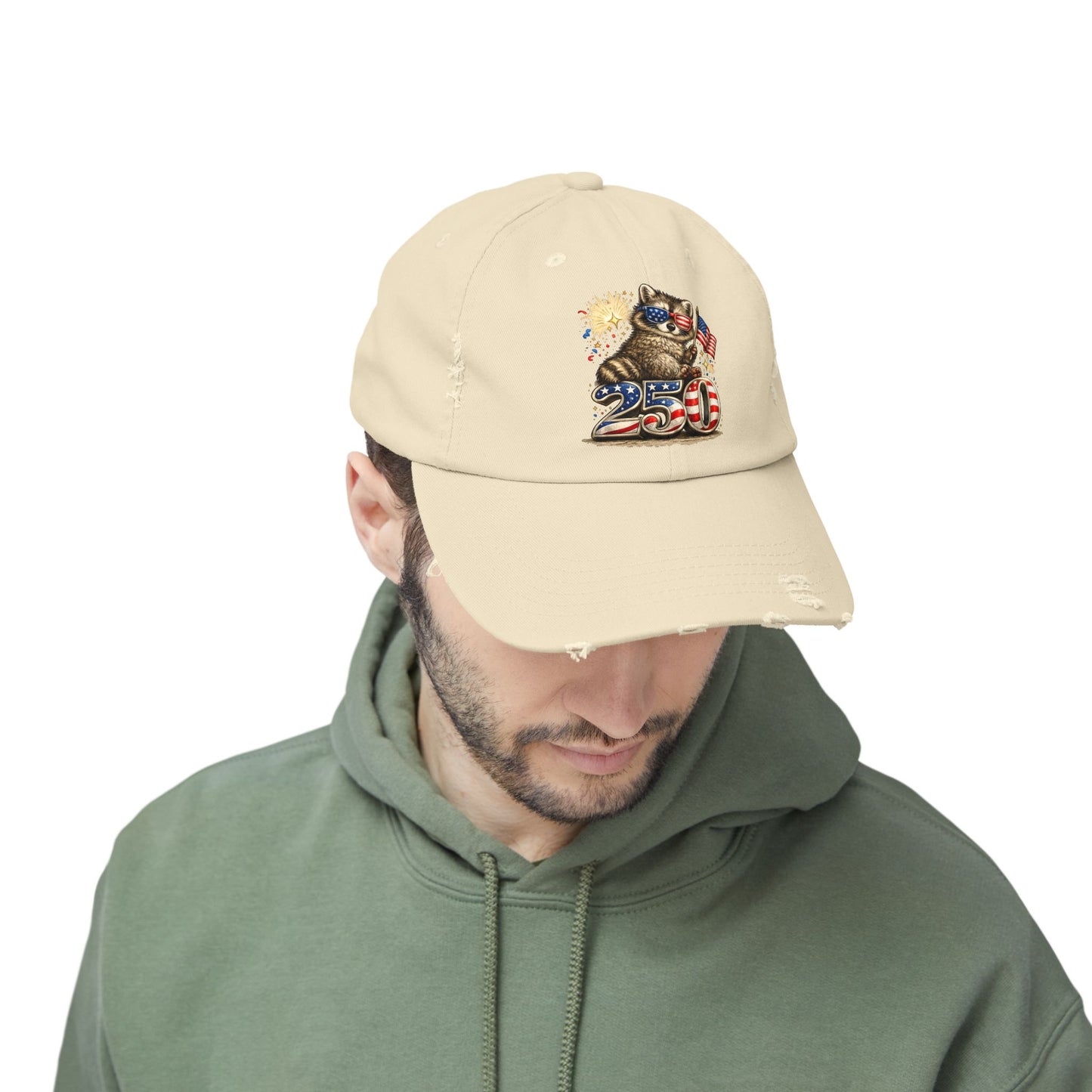 Patriotic Raccoon 250 Cap — Fireworks & Flag Distressed Baseball Hat