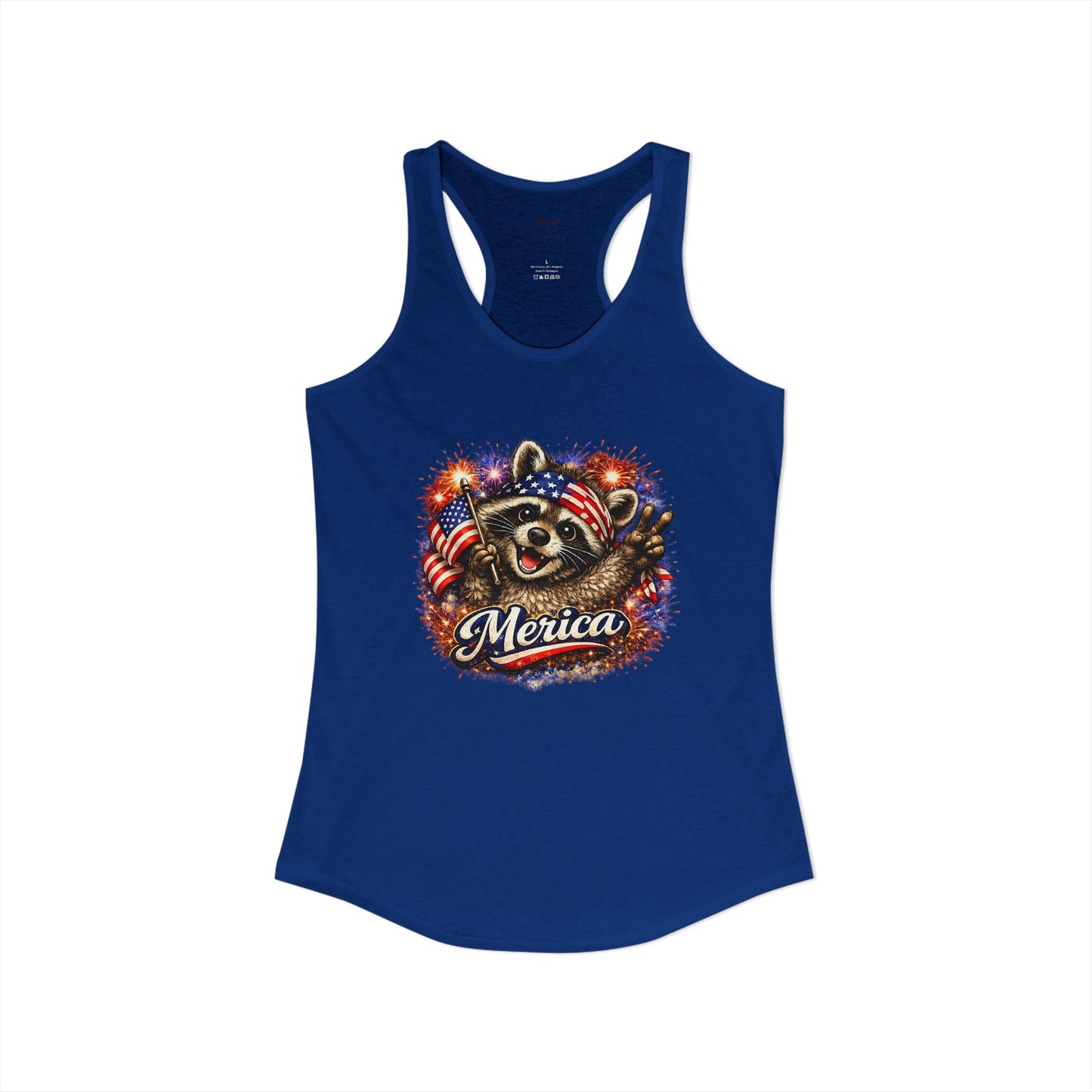 Patriotic Raccoon 4th of July Tank — Raccoon on 250 with Flag & Fireworks Racerback Tank
