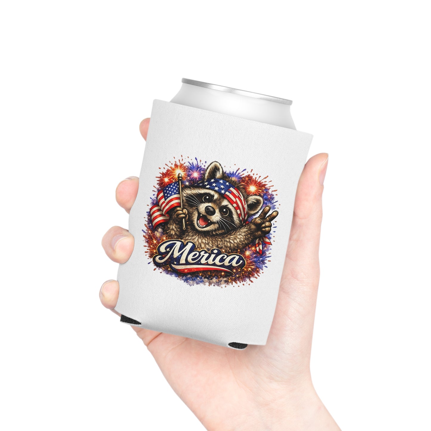 Patriotic Raccoon 250 Can Cooler – USA Flag, 4th of July Drink Koozie