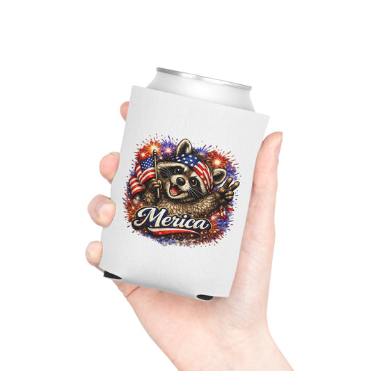 Patriotic Raccoon 250 Can Cooler – USA Flag, 4th of July Drink Koozie