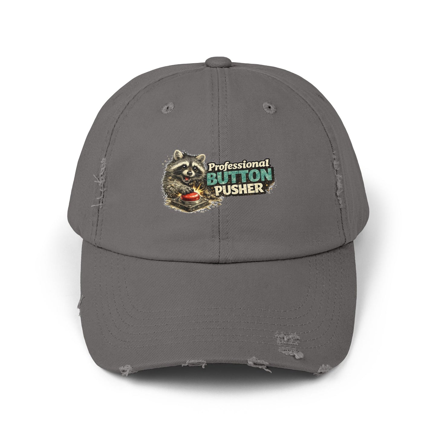 Button Pusher Distressed Cap — Raccoon Mom/Dad Funny Dad Hat