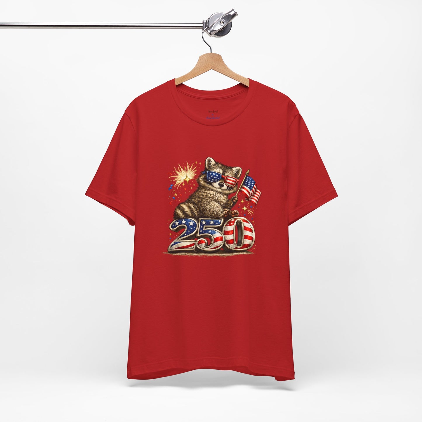 Patriot Raccoon 250th Anniversary T-Shirt — 4th of July Fireworks Flag Tee