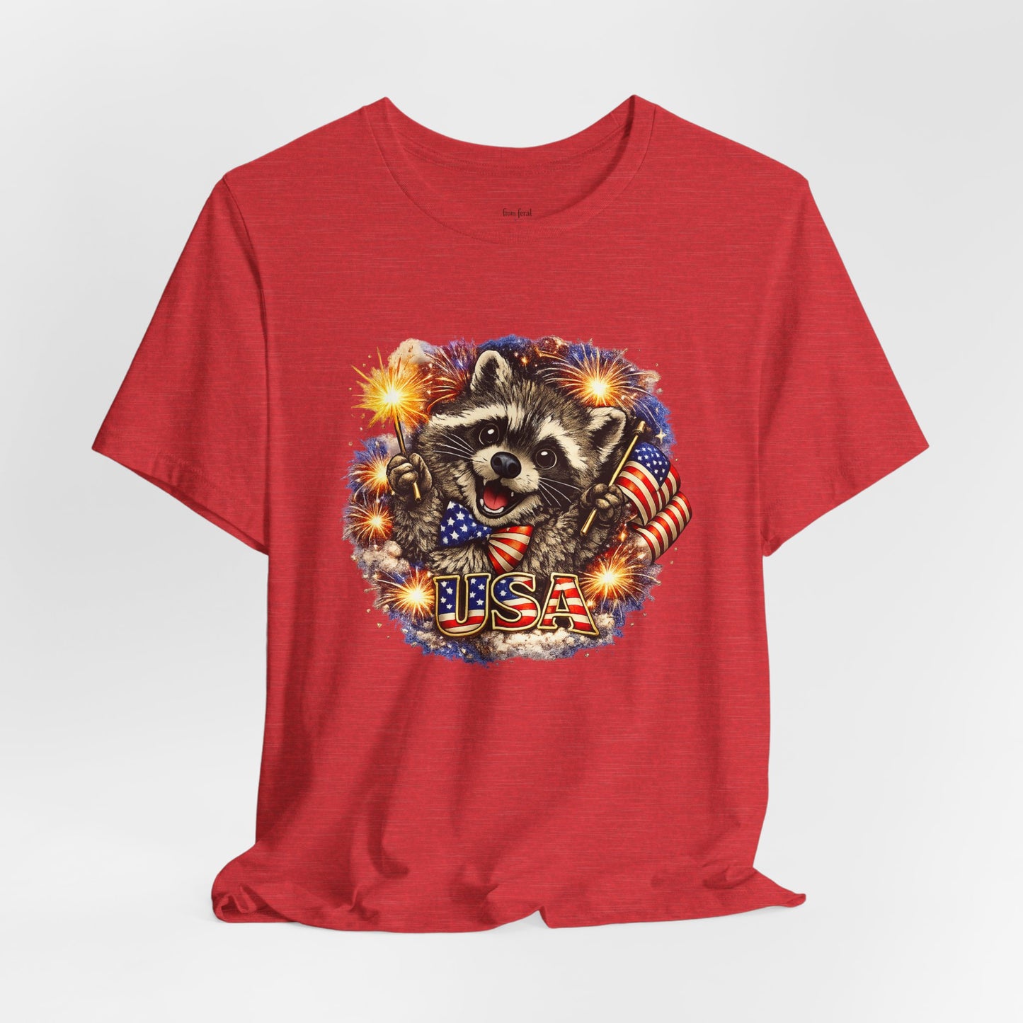 Patriot Raccoon 250th Anniversary T-Shirt — 4th of July Fireworks Flag Tee