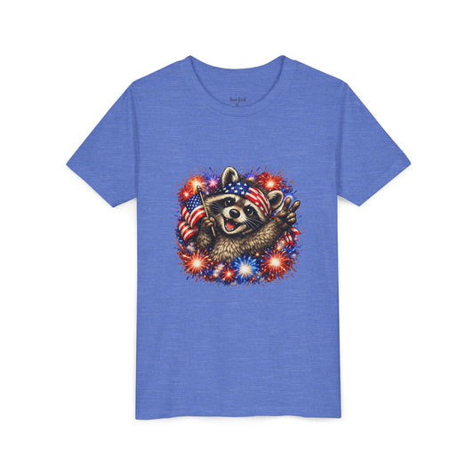 Patriotic Raccoon Youth Tee — Raccoon with American Flag & Fireworks