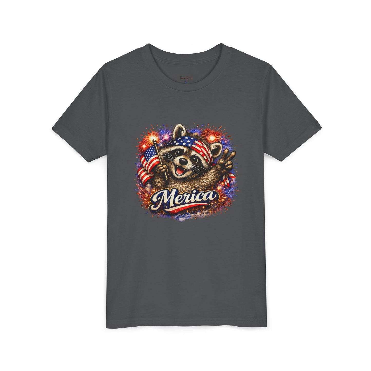 Patriotic Raccoon Youth Tee — Raccoon with American Flag & Fireworks