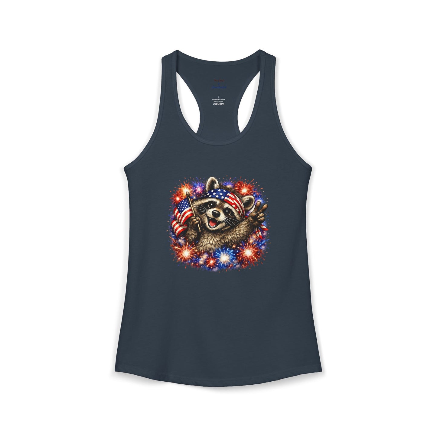Patriotic Raccoon 4th of July Tank — Raccoon with Flag & Fireworks Racerback Tank