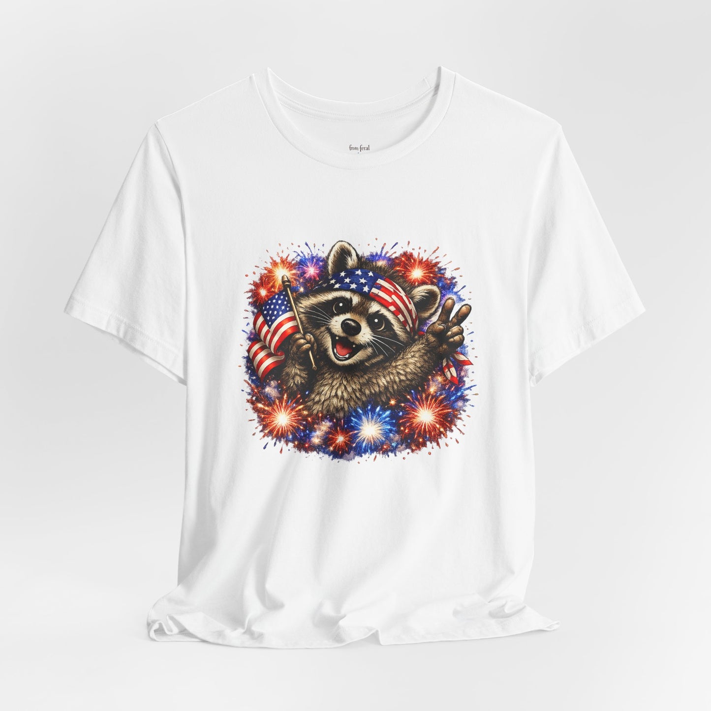 Patriot Raccoon 250th Anniversary T-Shirt — 4th of July Fireworks Flag Tee