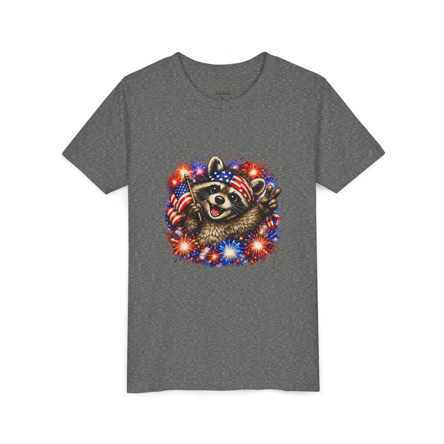 Patriotic Raccoon Youth Tee — Raccoon with American Flag & Fireworks