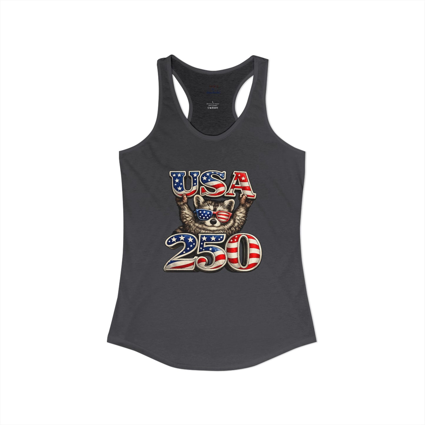 Patriotic Raccoon 4th of July Tank — Raccoon on 250 with Flag & Fireworks Racerback Tank