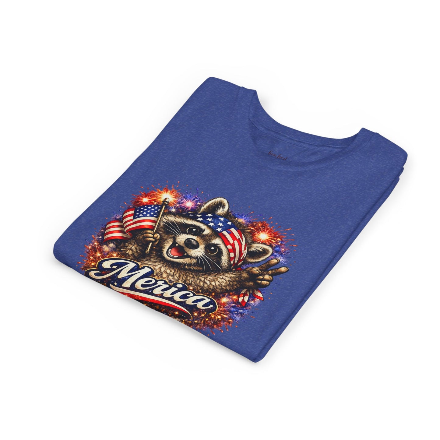 Patriotic Raccoon Youth Tee — Raccoon with American Flag & Fireworks