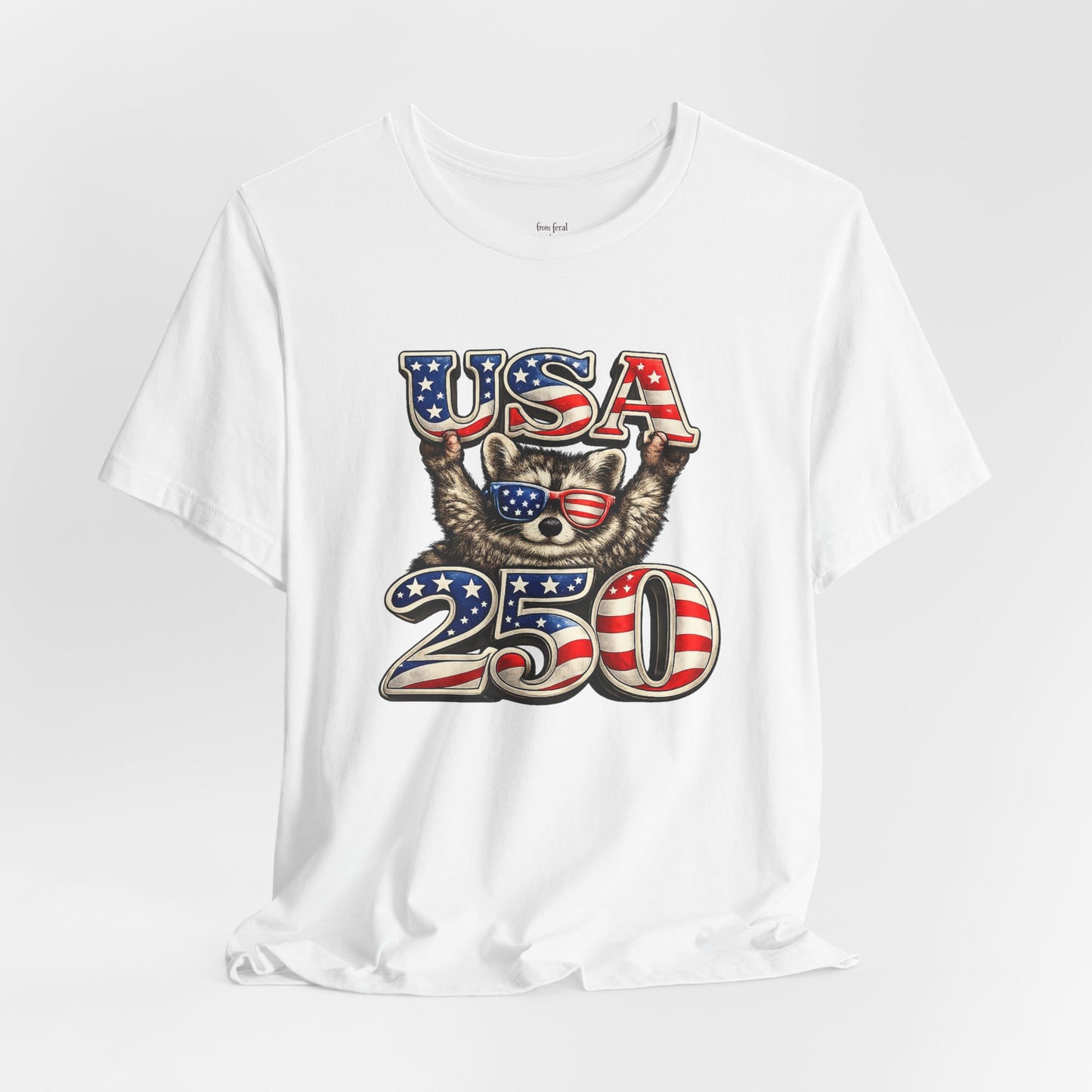 Patriot Raccoon 250th Anniversary T-Shirt — 4th of July Fireworks Flag Tee