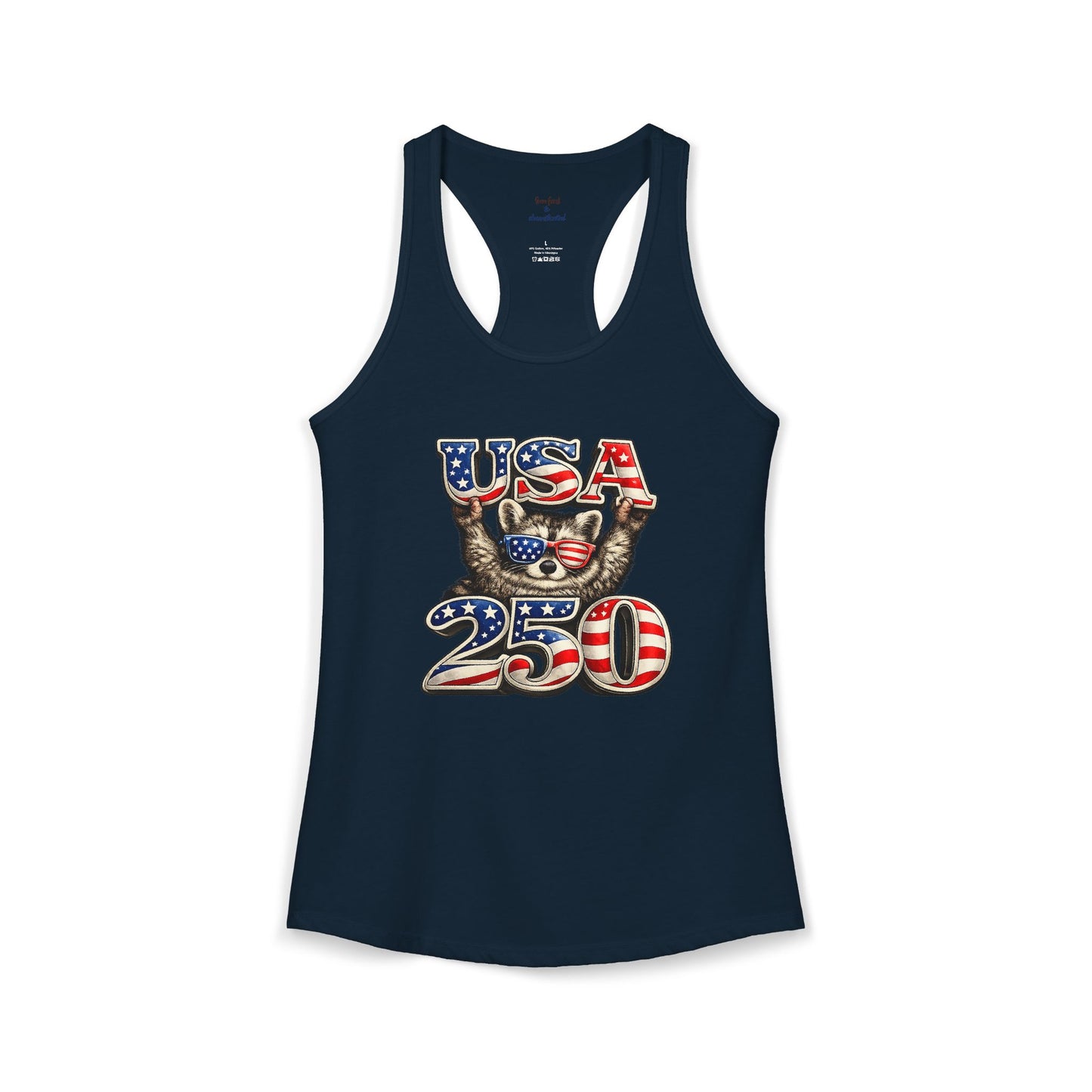 Patriotic Raccoon 4th of July Tank — Raccoon on 250 with Flag & Fireworks Racerback Tank