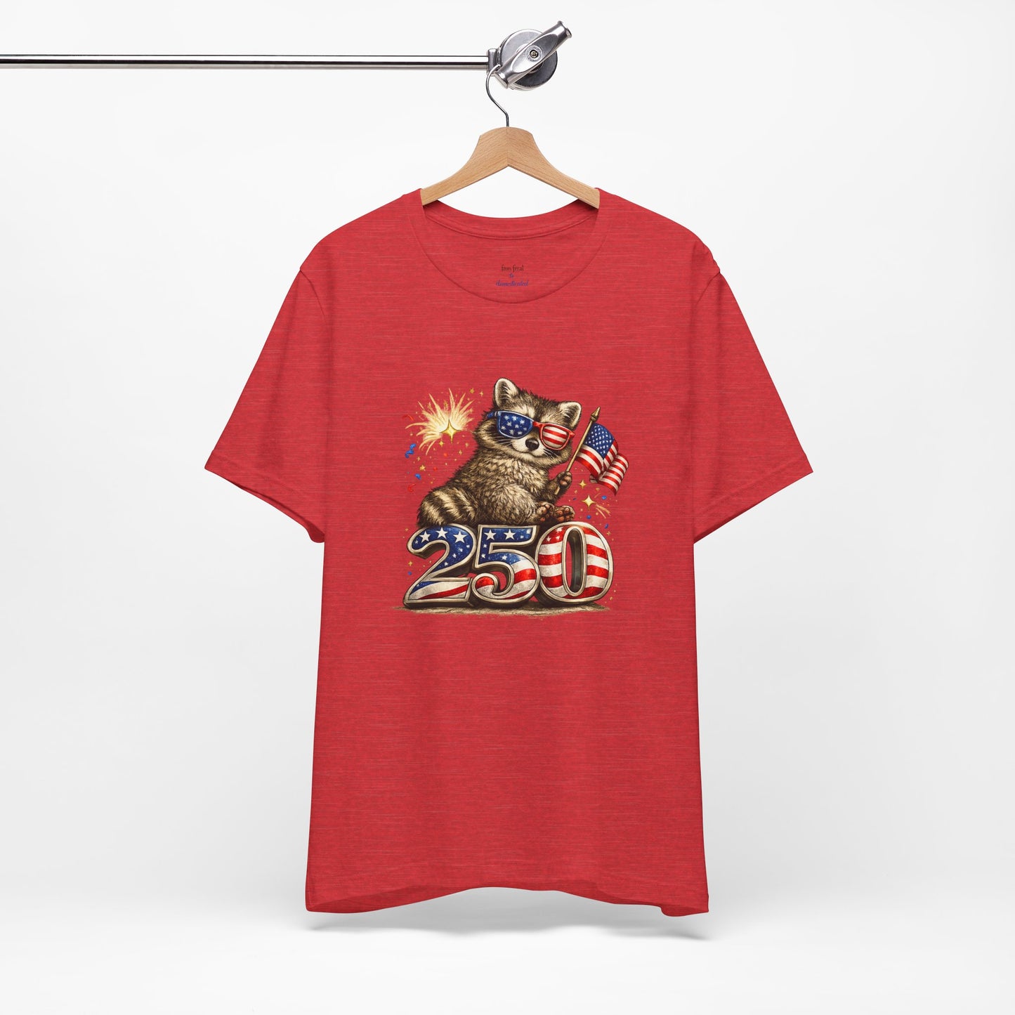 Patriot Raccoon 250th Anniversary T-Shirt — 4th of July Fireworks Flag Tee
