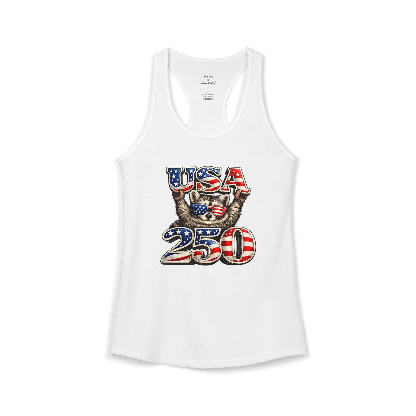 Patriotic Raccoon 4th of July Tank — Raccoon on 250 with Flag & Fireworks Racerback Tank