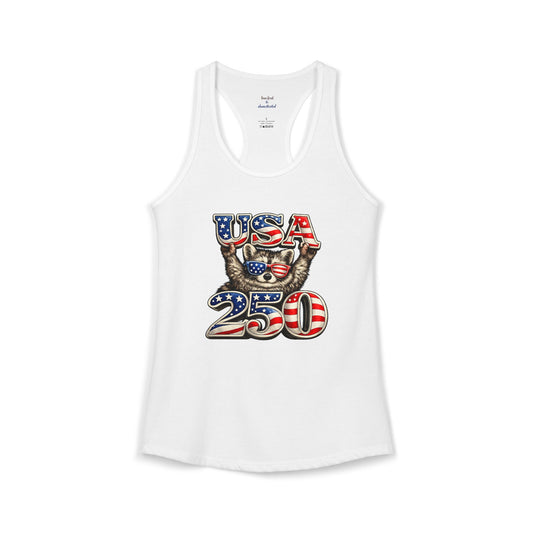 Patriotic Raccoon 4th of July Tank — Raccoon on 250 with Flag & Fireworks Racerback Tank