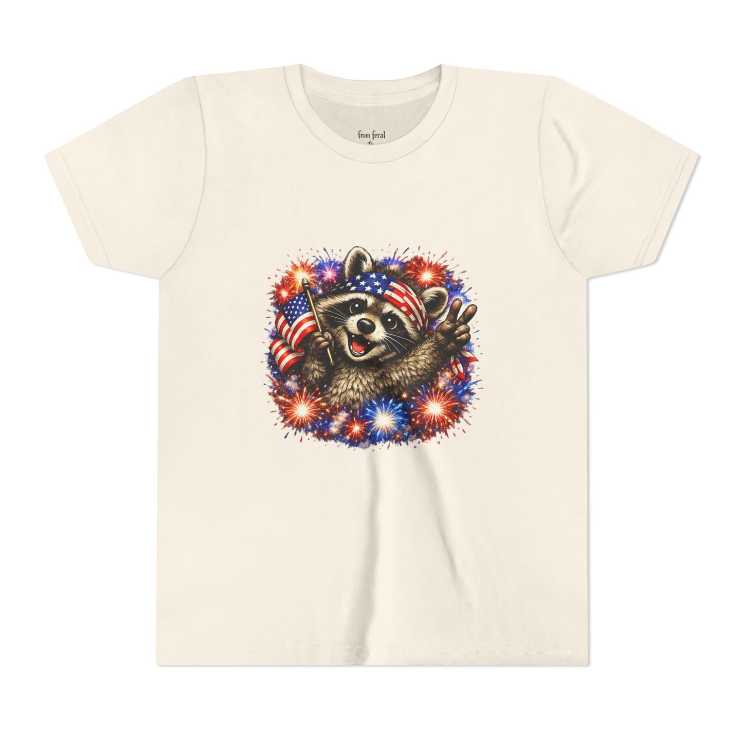 Patriotic Raccoon Youth Tee — Raccoon with American Flag & Fireworks