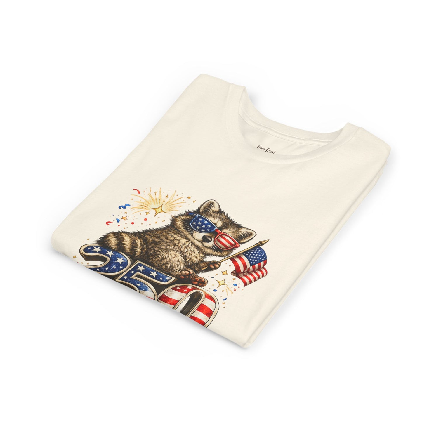 Patriotic Raccoon Youth Tee — Raccoon with American Flag & Fireworks