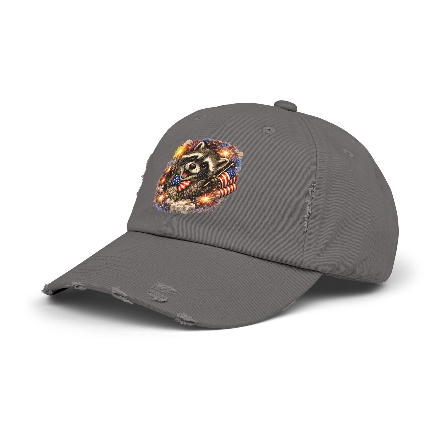 Patriotic Raccoon 250 Cap — Fireworks & Flag Distressed Baseball Hat