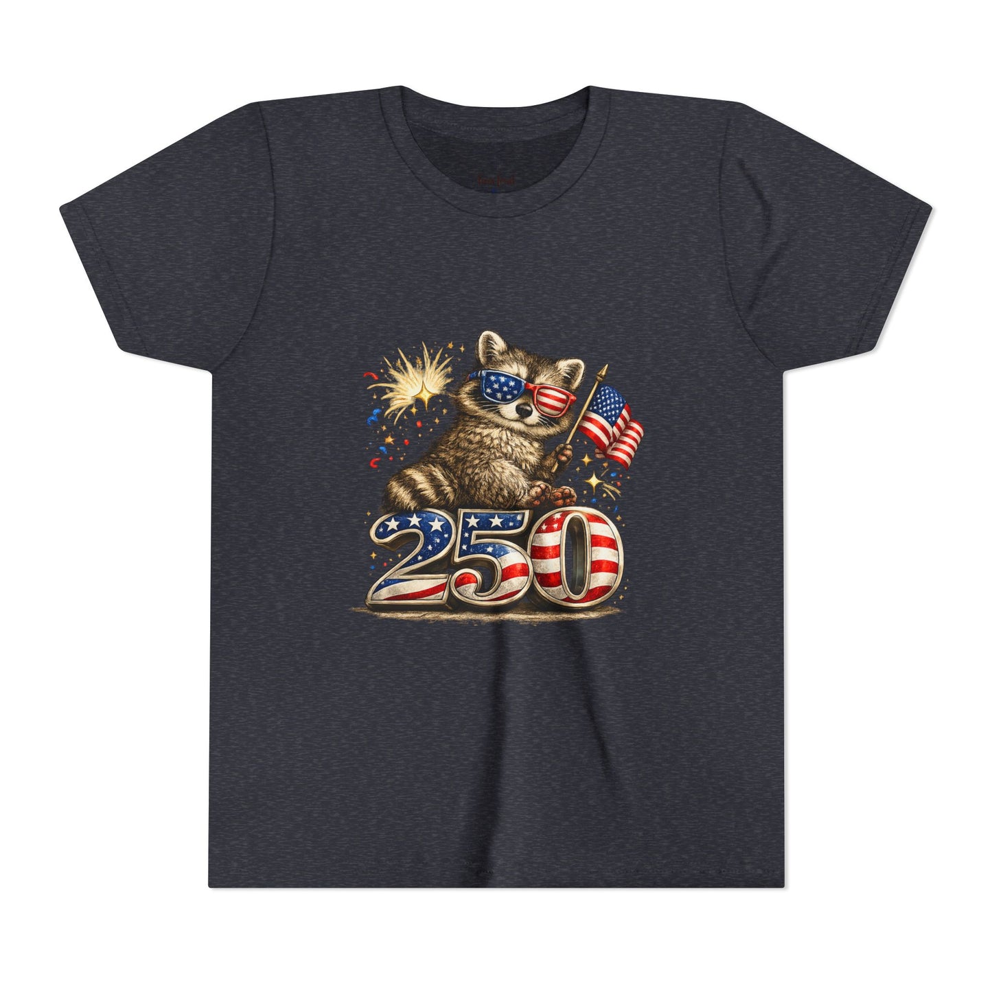 Patriotic Raccoon Youth Tee — Raccoon with American Flag & Fireworks