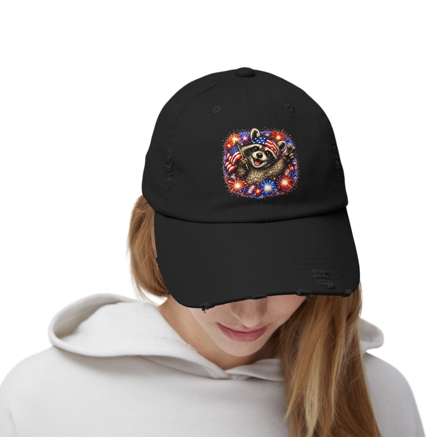 Patriotic Raccoon 250 Cap — Fireworks & Flag Distressed Baseball Hat