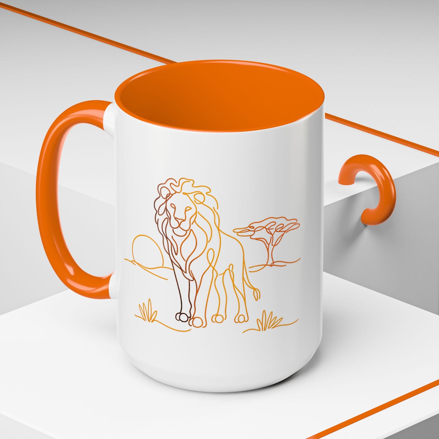 Safari Sunrise Coffee Mug — Minimal Line Lion Design (11/15oz)