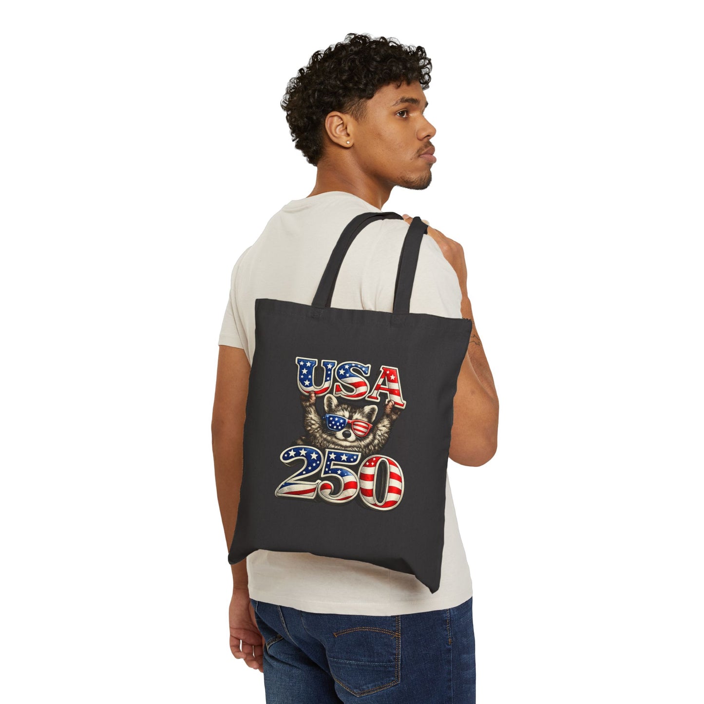 Patriotic Raccoon Fireworks Tote Bag — '250' Canvas Tote for Fourth of July