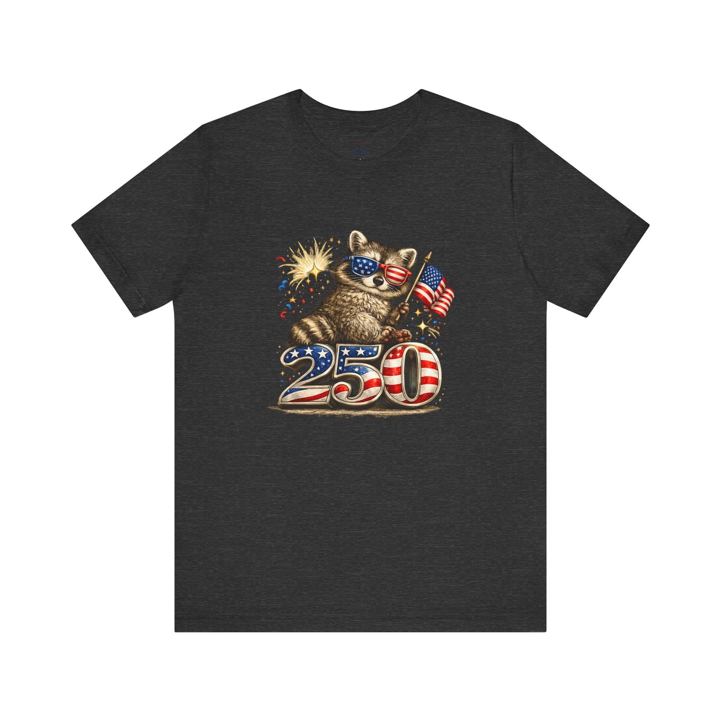 Patriot Raccoon 250th Anniversary T-Shirt — 4th of July Fireworks Flag Tee