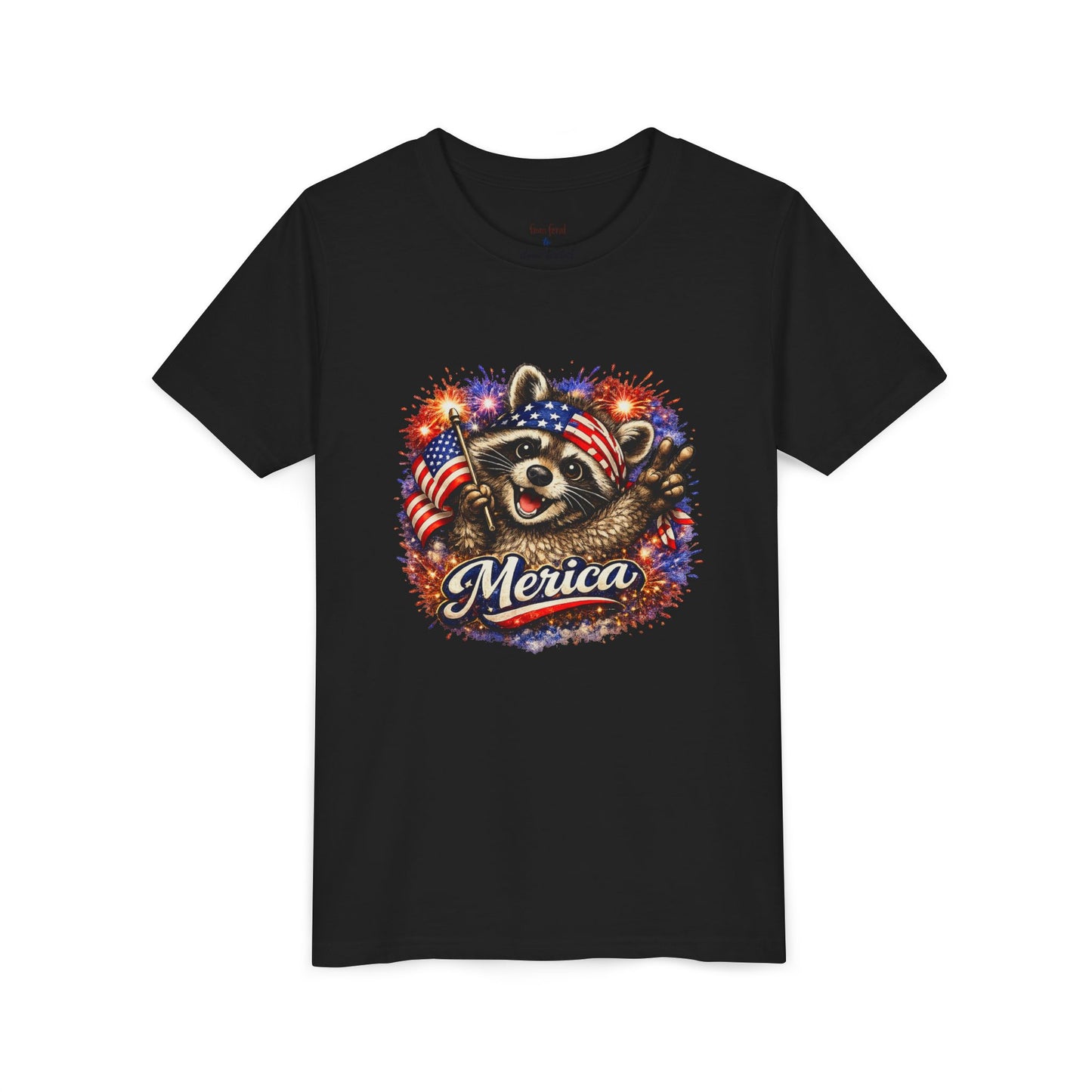 Patriotic Raccoon Youth Tee — Raccoon with American Flag & Fireworks