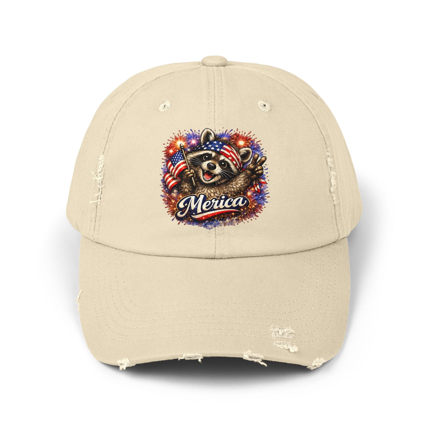 Patriotic Raccoon 250 Cap — Fireworks & Flag Distressed Baseball Hat