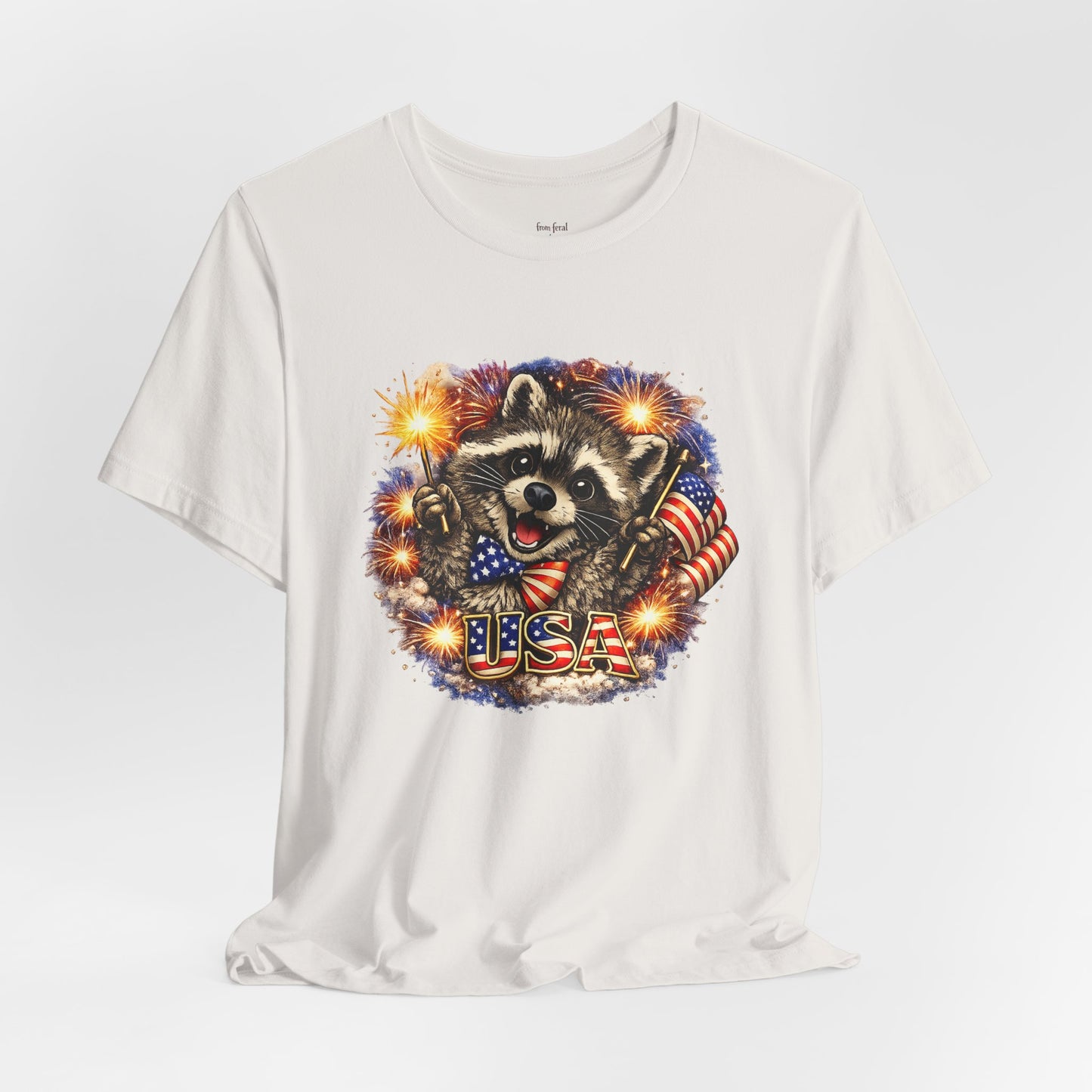 Patriot Raccoon 250th Anniversary T-Shirt — 4th of July Fireworks Flag Tee