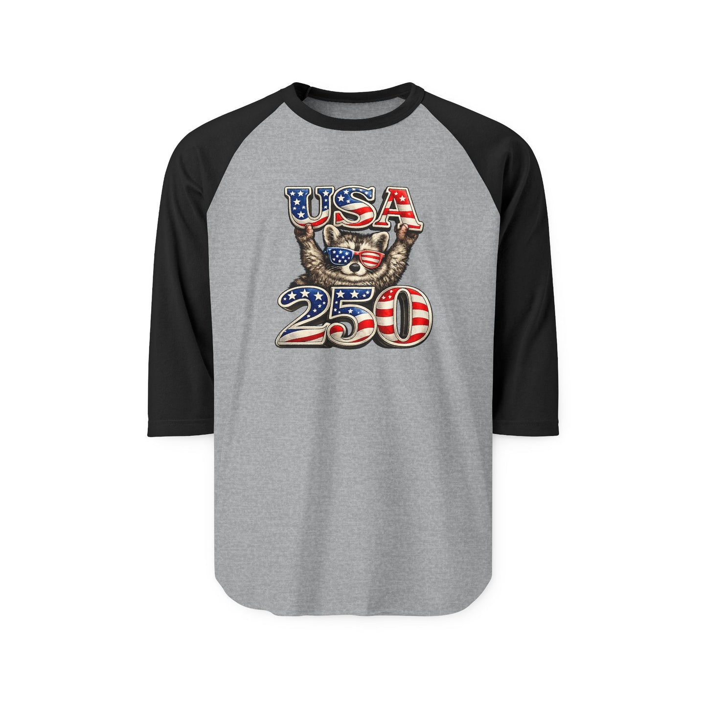 Patriotic Raccoon 250 Raglan Shirt — Fourth of July Fireworks Tee