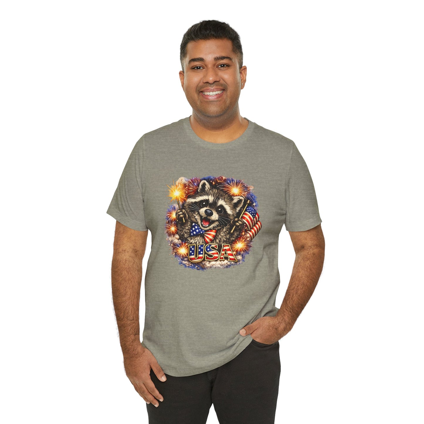 Patriot Raccoon 250th Anniversary T-Shirt — 4th of July Fireworks Flag Tee