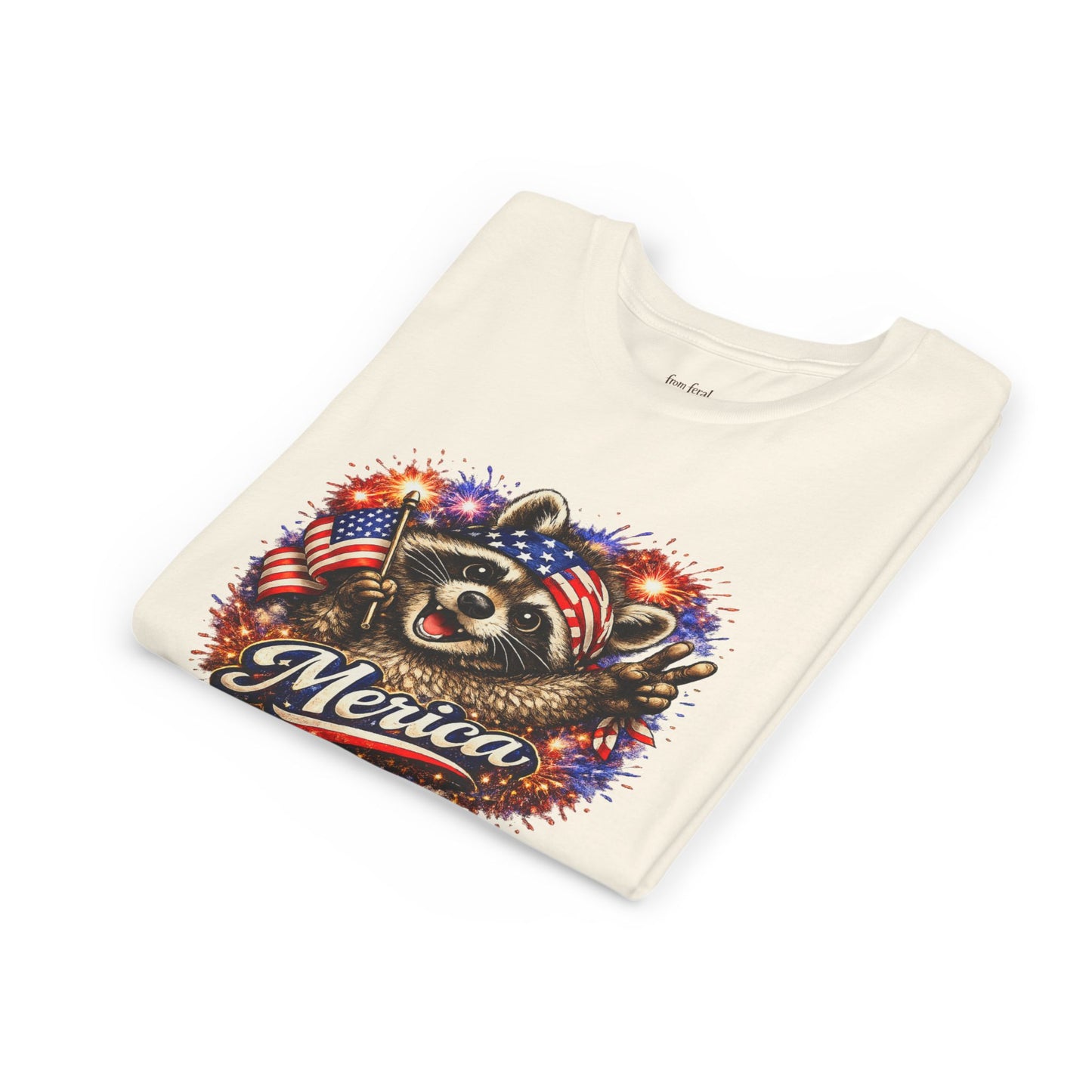 Patriotic Raccoon Youth Tee — Raccoon with American Flag & Fireworks