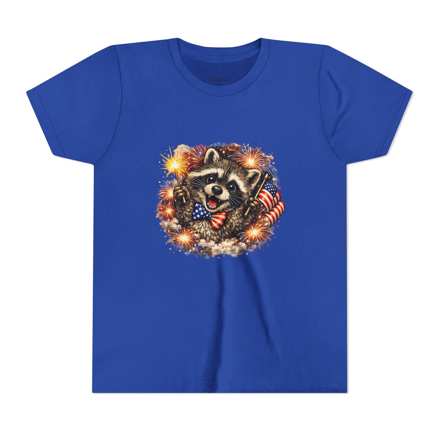 Patriotic Raccoon Youth Tee — Raccoon with American Flag & Fireworks