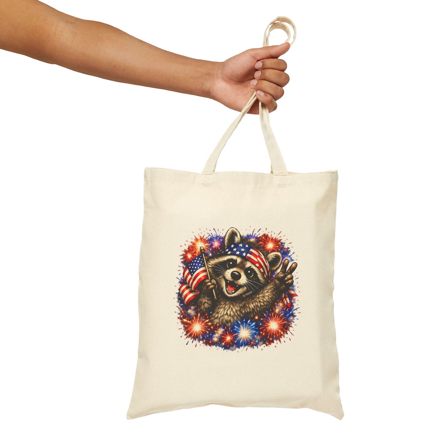 Patriotic Raccoon Fireworks Tote Bag — '250' Canvas Tote for Fourth of July