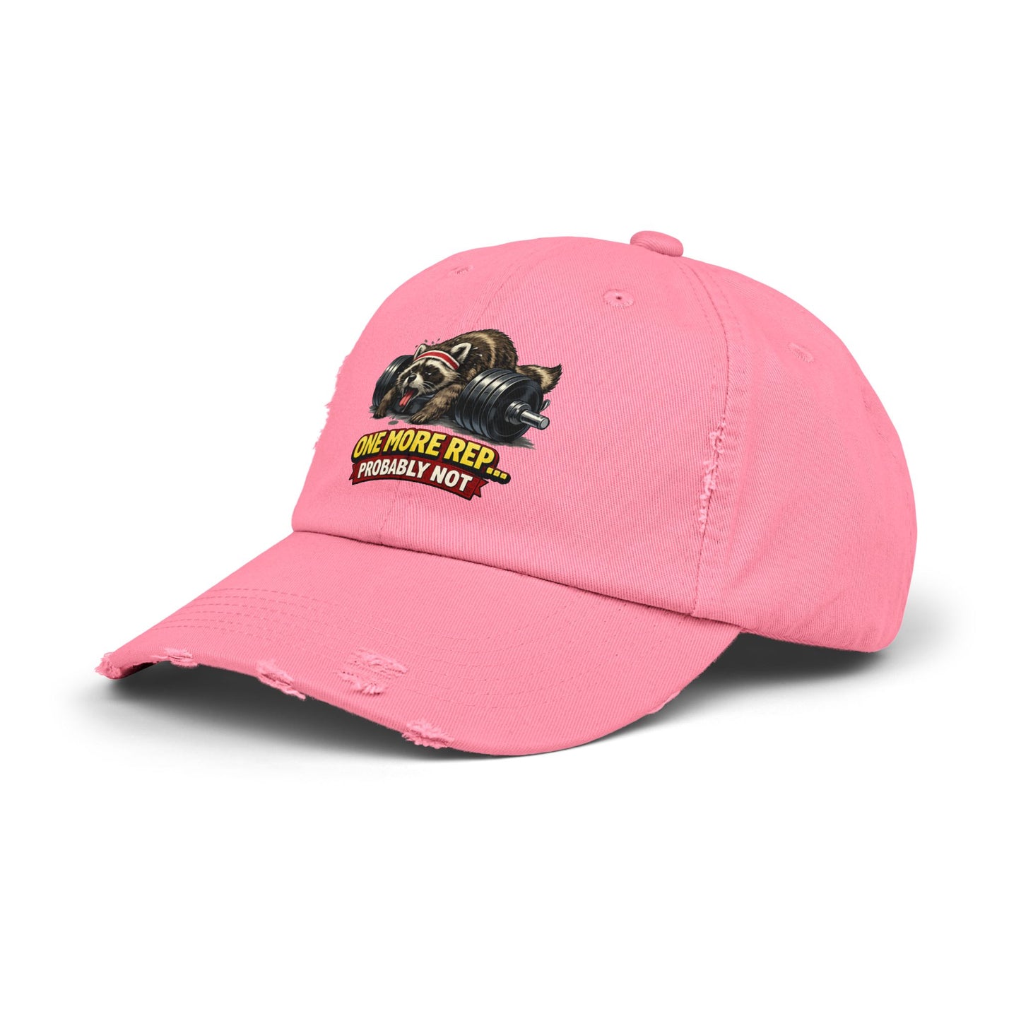 One More Rep Distressed Cap — Raccoon Mom/Dad Funny Dad Hat