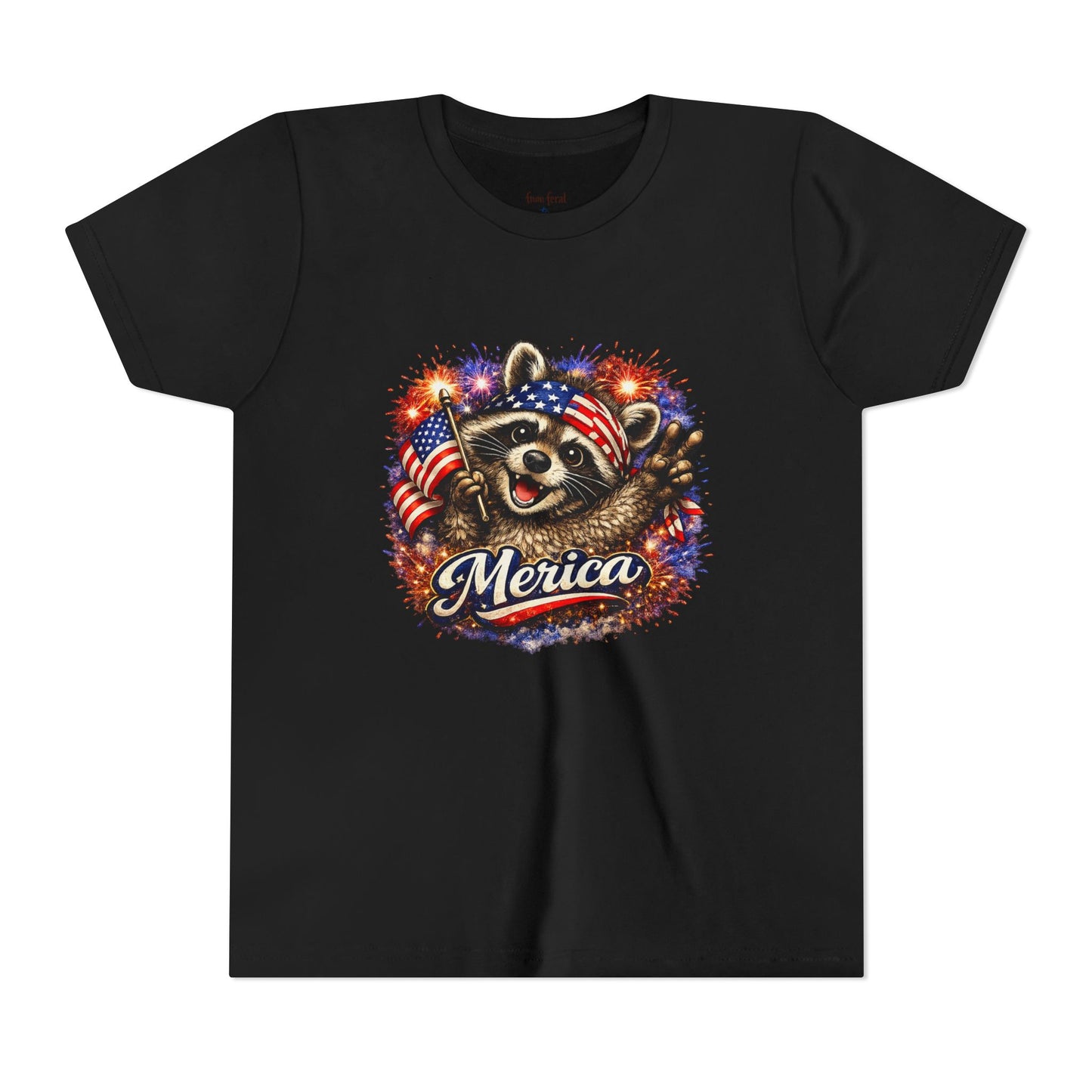 Patriotic Raccoon Youth Tee — Raccoon with American Flag & Fireworks