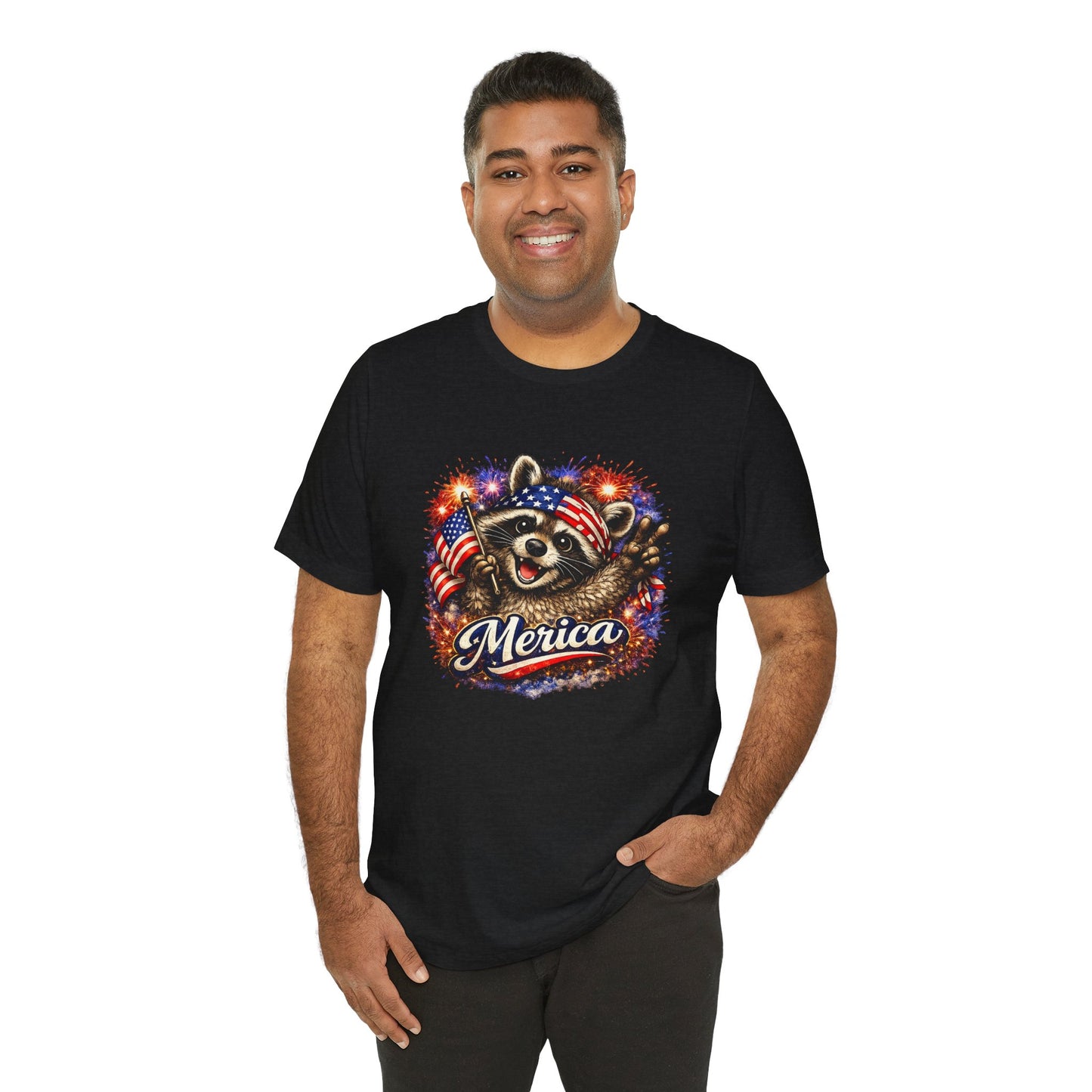 Patriot Raccoon 250th Anniversary T-Shirt — 4th of July Fireworks Flag Tee