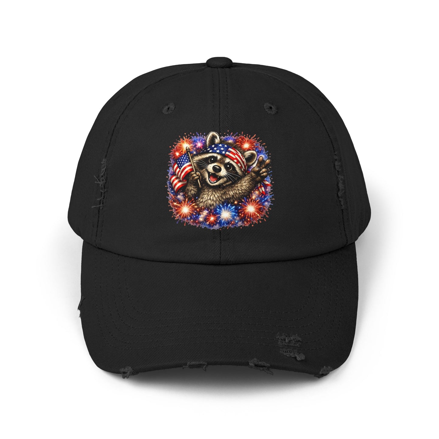 Patriotic Raccoon 250 Cap — Fireworks & Flag Distressed Baseball Hat