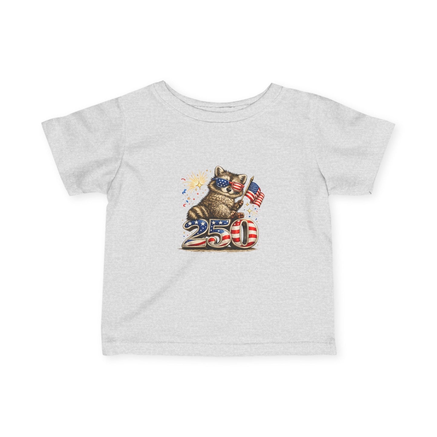 Infant Tee — Adorable Raccoon Holding American Flag "250" — 4th of July Baby Shirt