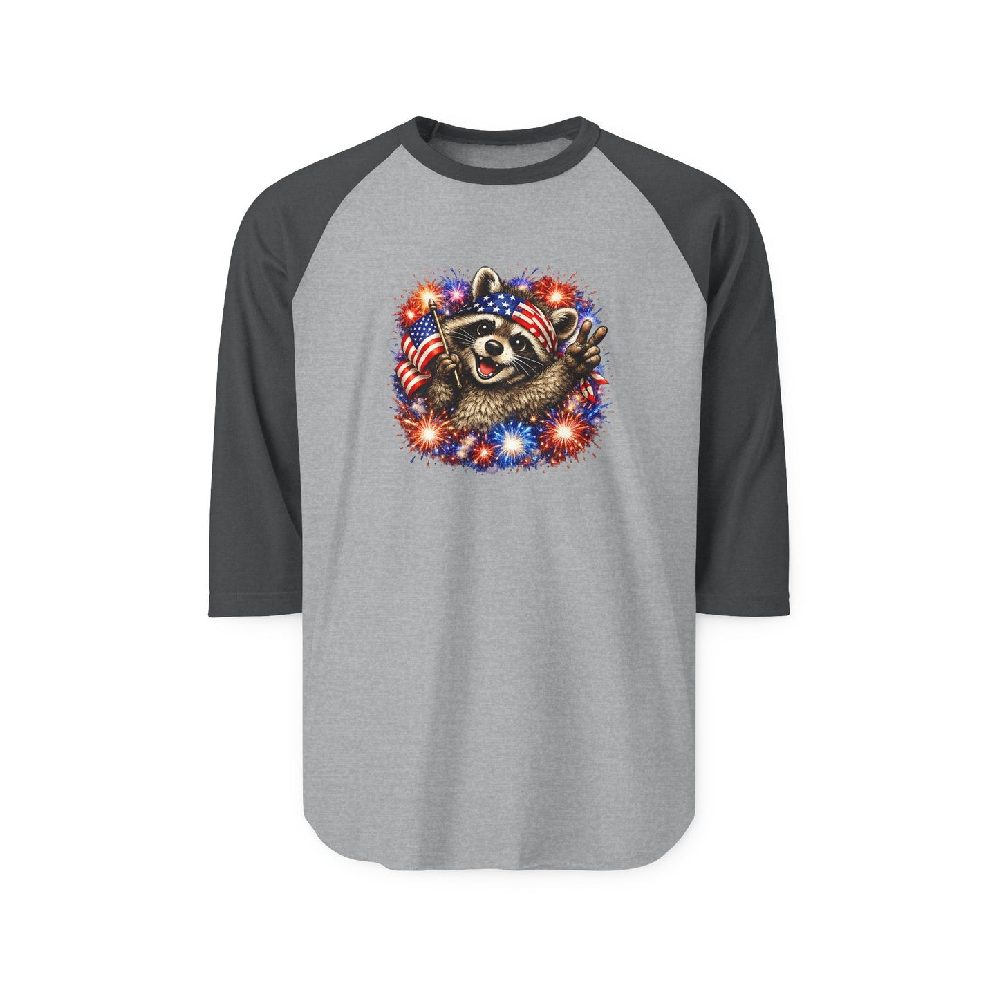 Patriotic Raccoon 250 Raglan Shirt — Fourth of July Fireworks Tee