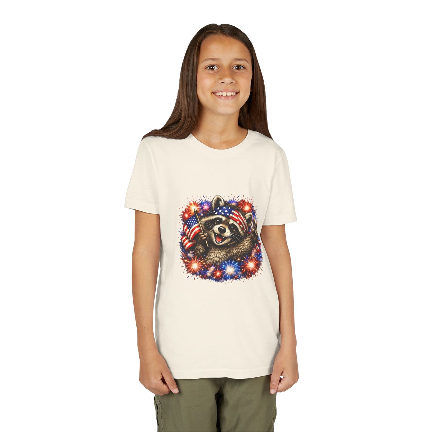 Patriotic Raccoon Youth Tee — Raccoon with American Flag & Fireworks