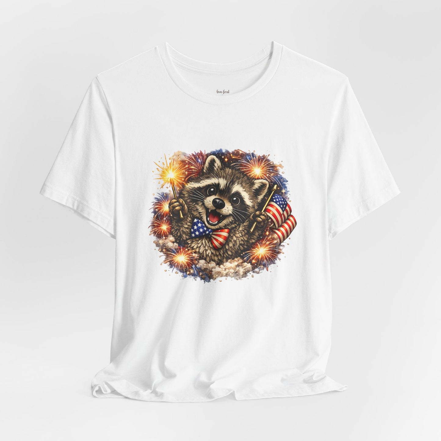 Patriot Raccoon 250th Anniversary T-Shirt — 4th of July Fireworks Flag Tee