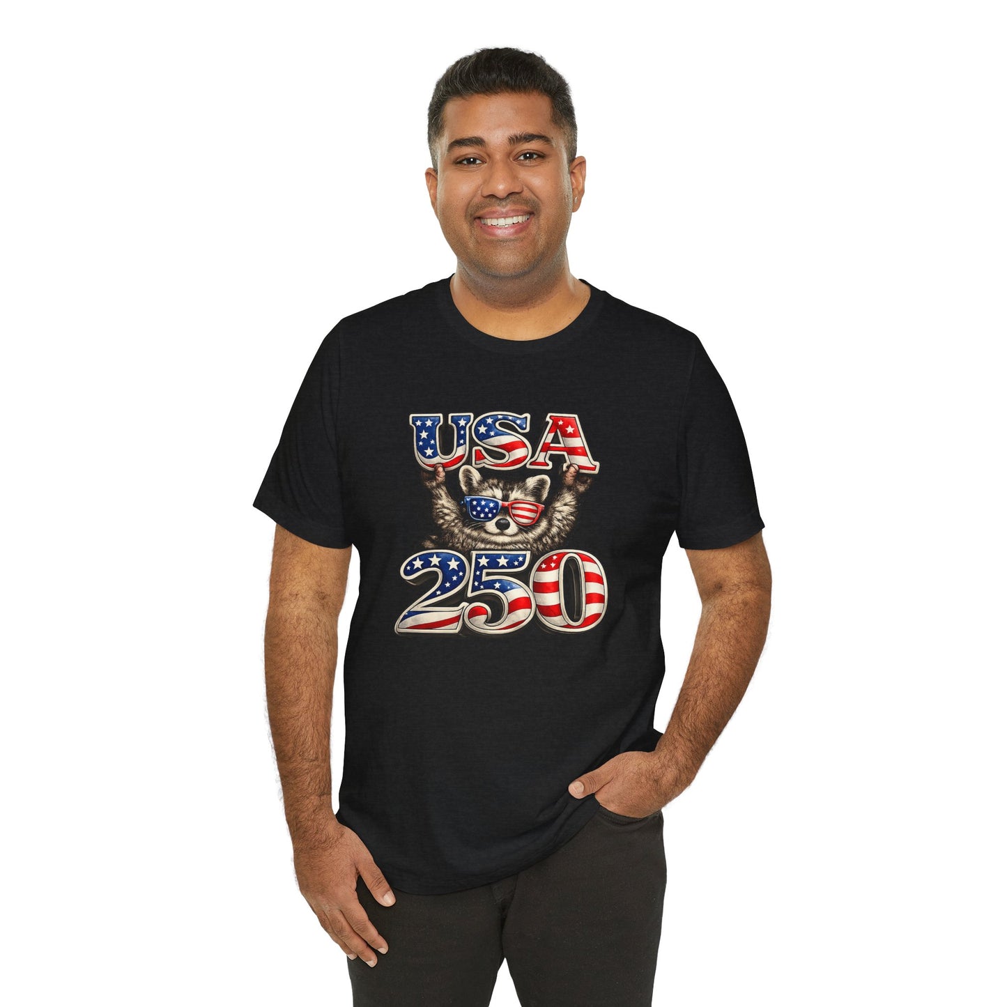 Patriot Raccoon 250th Anniversary T-Shirt — 4th of July Fireworks Flag Tee
