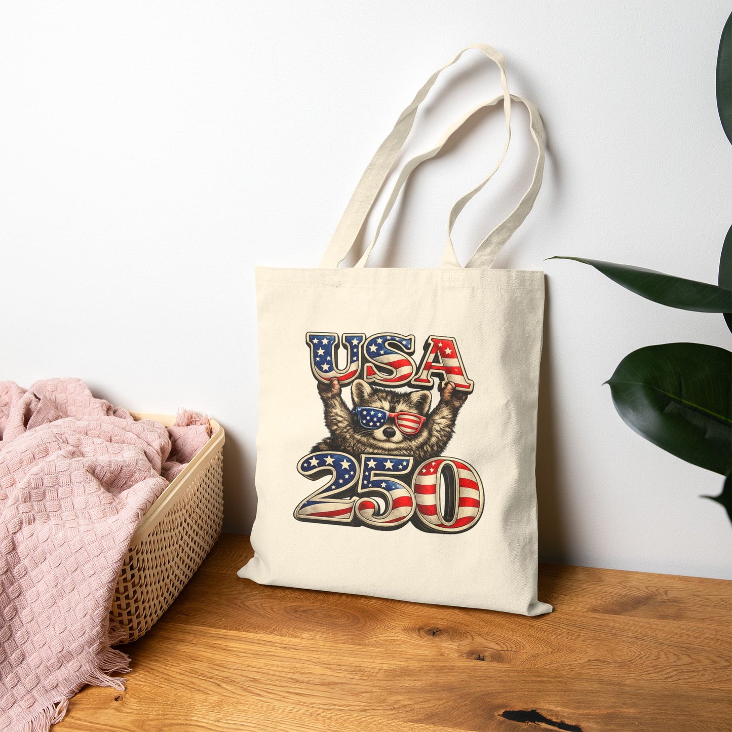 Patriotic Raccoon Fireworks Tote Bag — '250' Canvas Tote for Fourth of July
