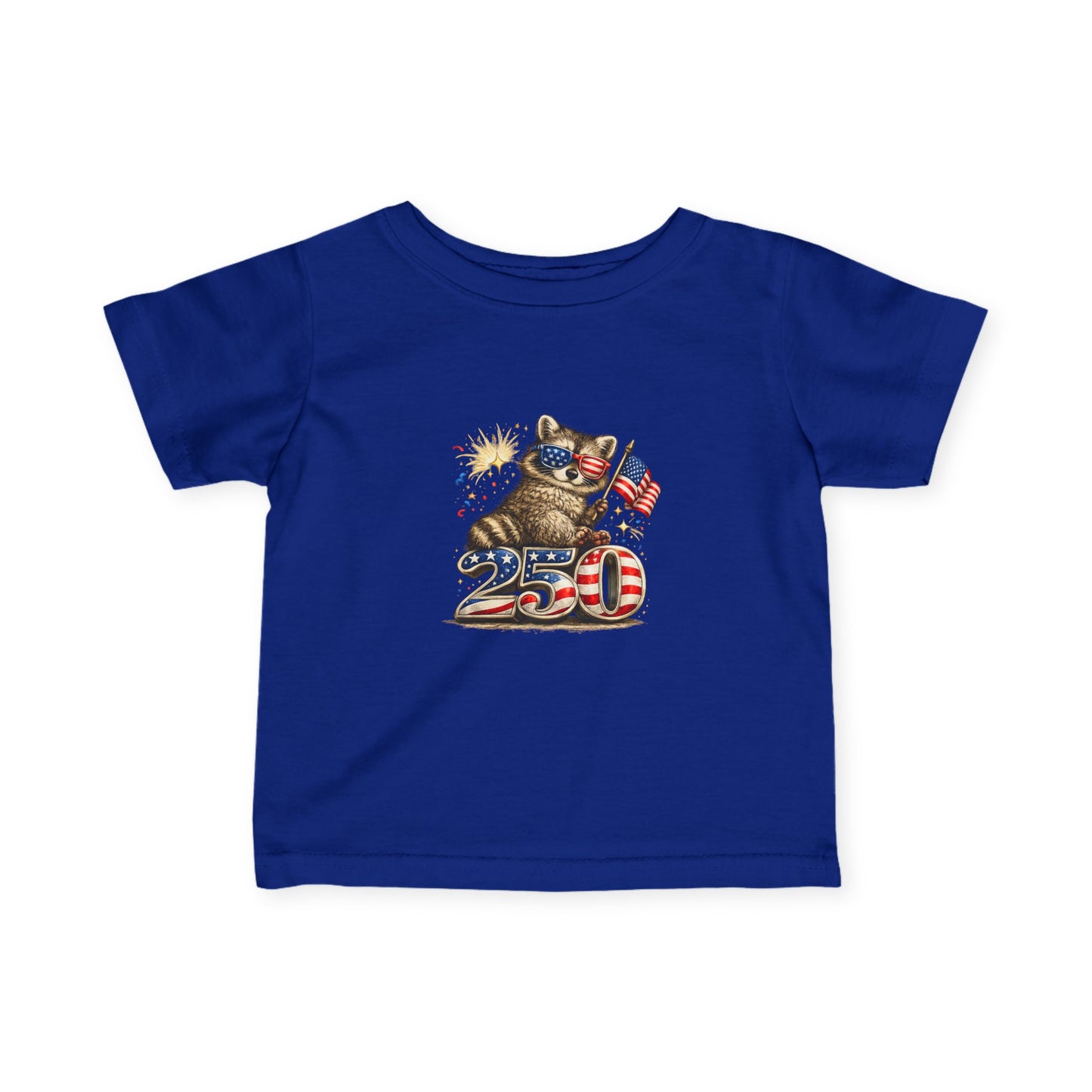 Infant Tee — Adorable Raccoon Holding American Flag "250" — 4th of July Baby Shirt