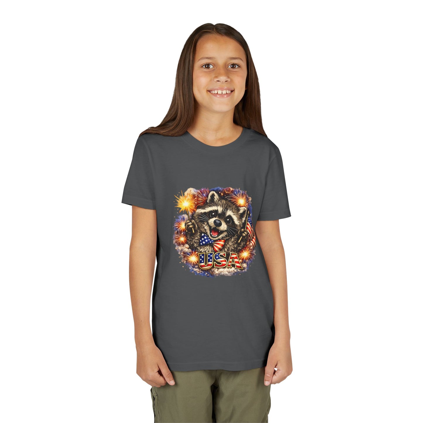 Patriotic Raccoon Youth Tee — Raccoon with American Flag & Fireworks
